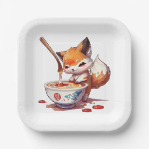 Assiettes En Carton Petit renard affamé attend le Ramen japonais