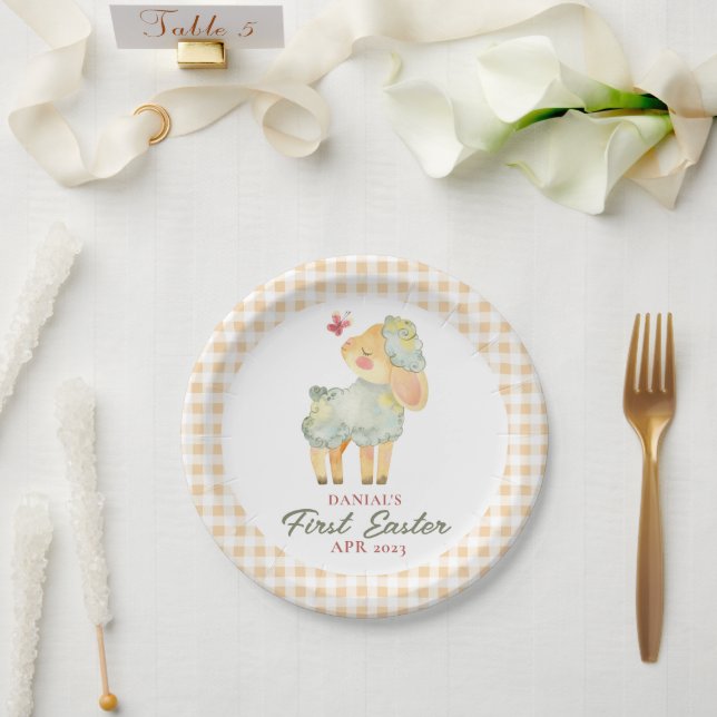 Assiettes En Carton Petite agneau Plaid Personnalisé Ma première Pâque (Mariage)