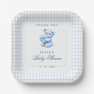 Assiettes En Carton Petite Baby Shower Ours en Vichy Bleu