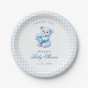 Assiettes En Carton Petite Baby Shower Ours en Vichy Bleu