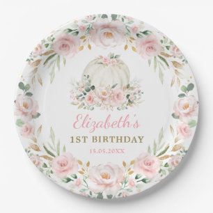 Assiettes En Carton Petite fille Citrouille rose fleurie Wreath Annive