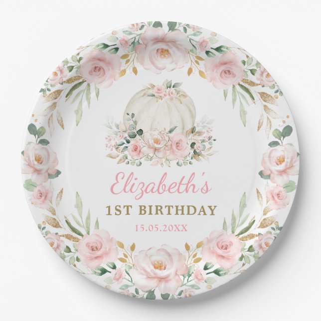 Assiettes En Carton Petite fille Citrouille rose fleurie Wreath Annive (Devant)
