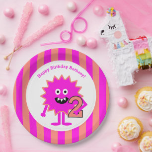 Assiettes En Carton Petite fille Monster 2e anniversaire Pink Stripes 