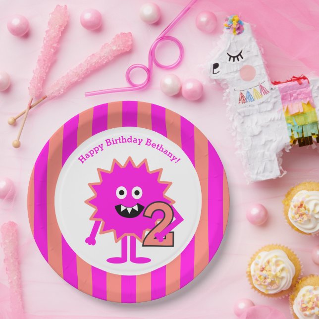 Assiettes En Carton Petite fille Monster 2e anniversaire Pink Stripes  (Fête)