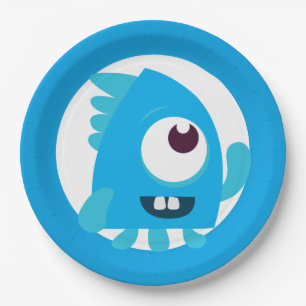 Assiettes En Carton Petite plaque d'anniversaire bleu monstre