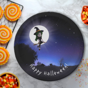 Assiettes En Carton Petite sorcière Pleine lune nuit Joyeuse fête d'Ha