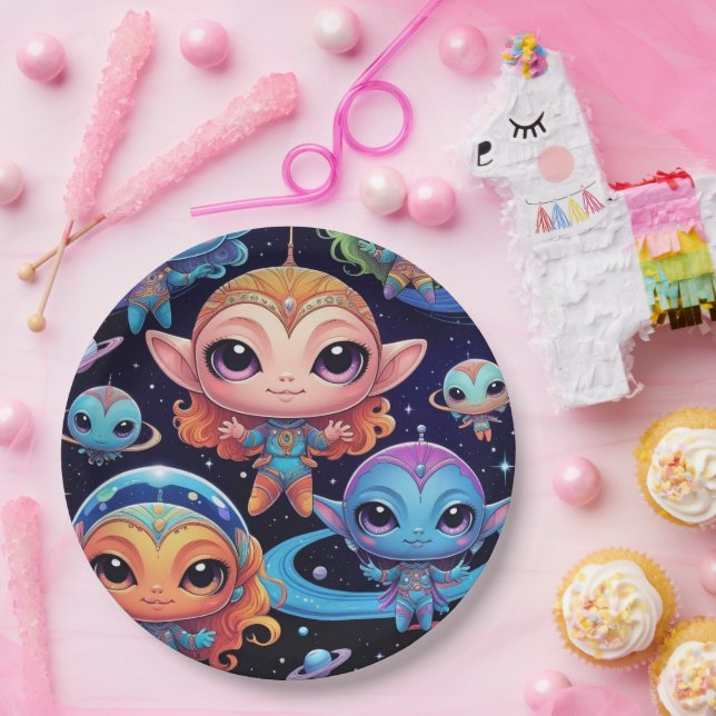 Assiettes En Carton Petits Aliens multicolores dans l'espace (Fête)