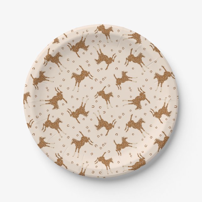 Assiettes En Carton Petits Chevaux Brown - sur rose saumon. (Devant)