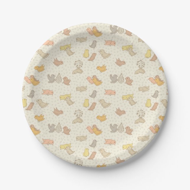 Assiettes En Carton Petits oiseaux et plumes sur beige - motif. (Devant)