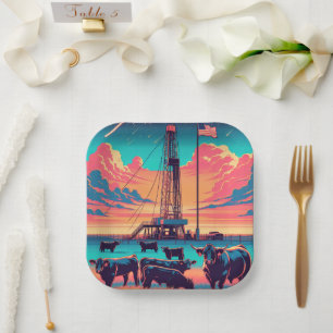 Assiettes En Carton Pétrole à gaz à Sunset Cattle et drapeau américain