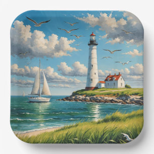 Assiettes En Carton Phare Blanc Avec Voilier