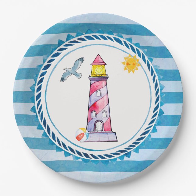 Assiettes En Carton Phare d'aquarelle rouge (Devant)