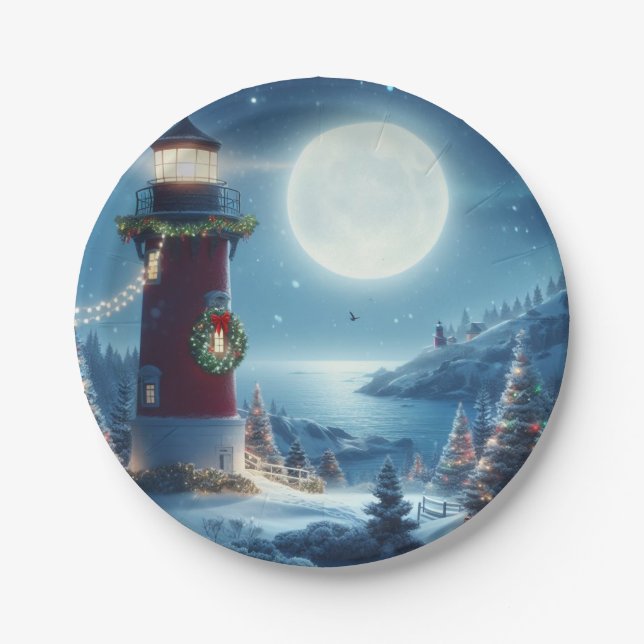 Assiettes En Carton Phare de Noël nautique (Devant)
