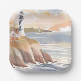 Assiettes En Carton Phare sur la rive | Océan aquarelle