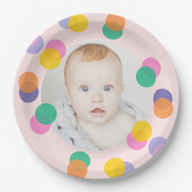 Assiettes En Carton Photo Anniversaire Pastel Pink Confetti (Devant)