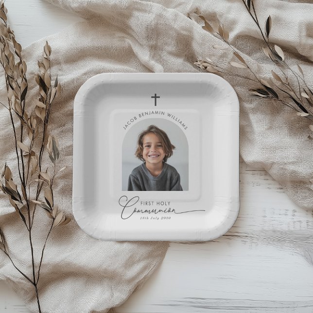 Assiettes En Carton Photo Arched First Communion Boy (Zazzle Arched Photo First Communion Boy Paper Plates)
