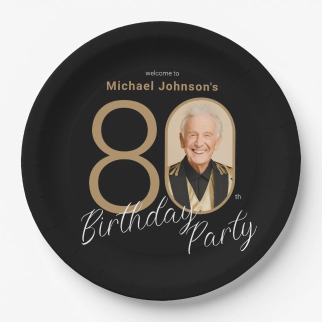 Assiettes En Carton Photo Black Gold Elegant Custom 80e anniversaire (Devant)