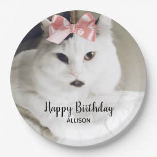 Assiettes En Carton Photo Cute Cat Anniversaire White Pink Personnalis
