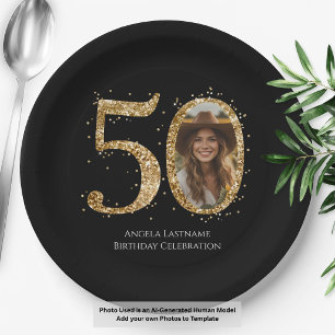 Assiettes En Carton Photo d'anniversaire de 50 ans avec paillettes dor