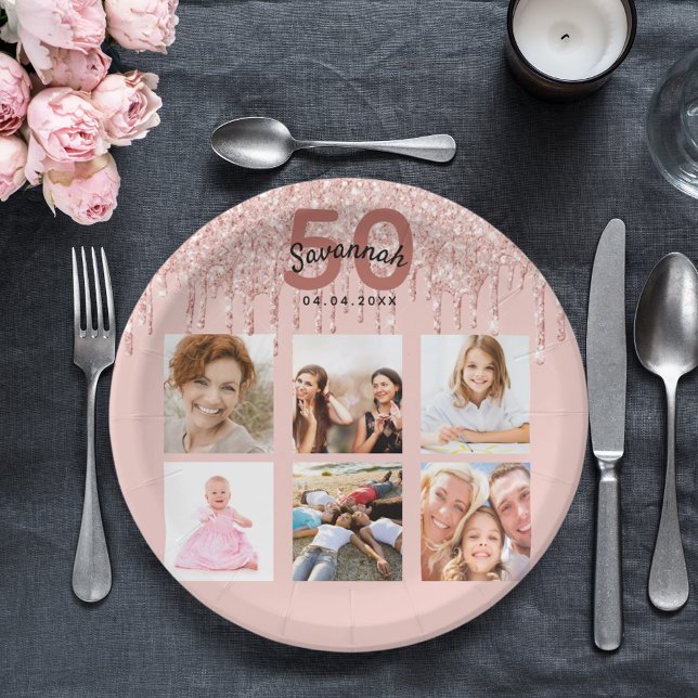 Assiettes En Carton Photo de fête d'anniversaire rose or rose (Créateur téléchargé)