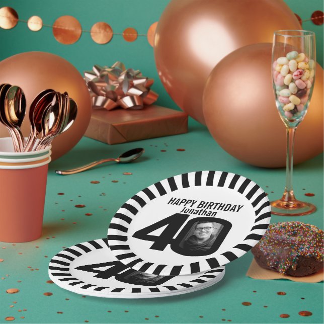 Assiettes En Carton Photo et rayures de 40e anniversaire noir et blanc (Multi)