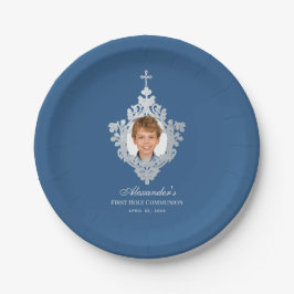 Assiettes En Carton Photo First Communion Boy Classic Blue Elegant