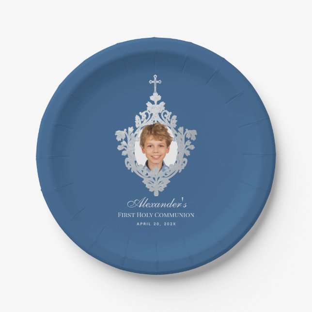 Assiettes En Carton Photo First Communion Boy Classic Blue Elegant (Devant)