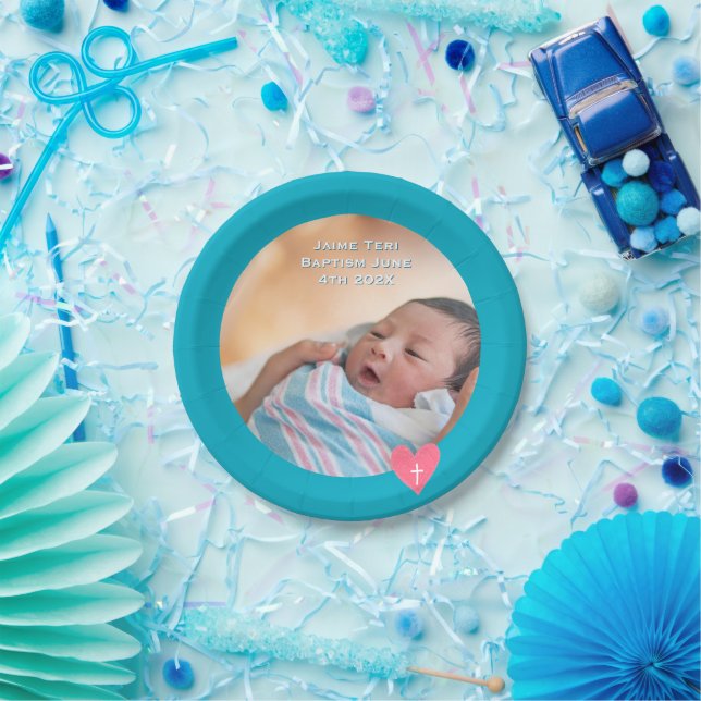 Assiettes En Carton Photo Paper Plate Baptism Teal Blue Shower (Fête)