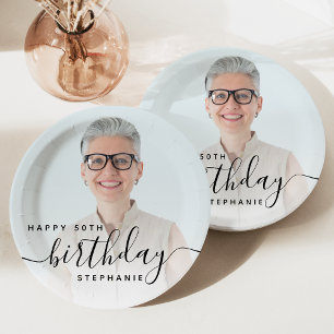 Assiettes En Carton Photo personnalisé écriture noire 50e anniversaire