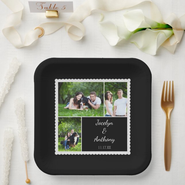 Assiettes En Carton Photo personnalisée Mariage noir et blanc (Mariage)
