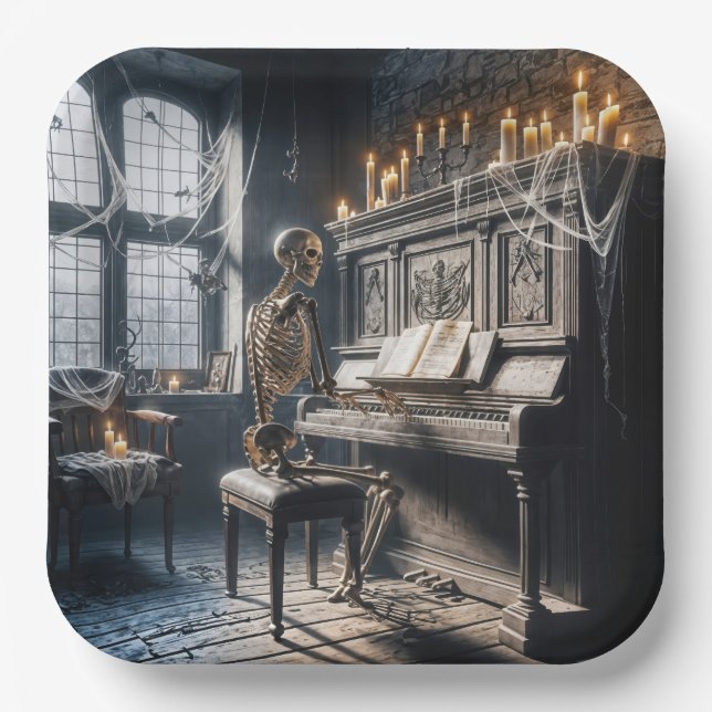Assiettes En Carton Pianiste squelette d'Halloween (Recto)