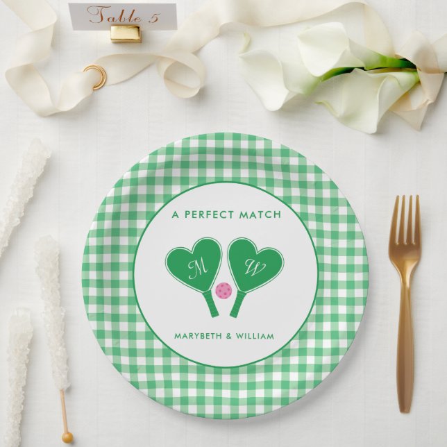 Assiettes En Carton Pickleball Mariage rose et vert Preppy (Mariage)