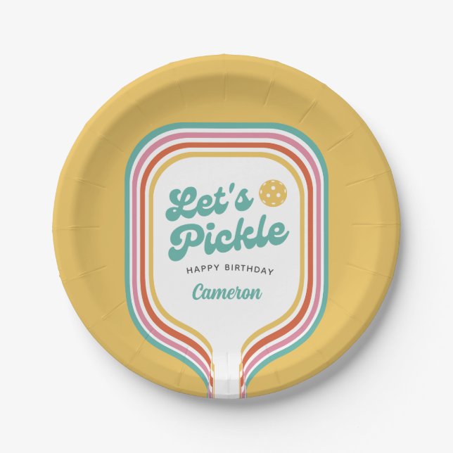 Assiettes En Carton Pickleball Party Pickle Retro Rainbow Stripe (Devant)