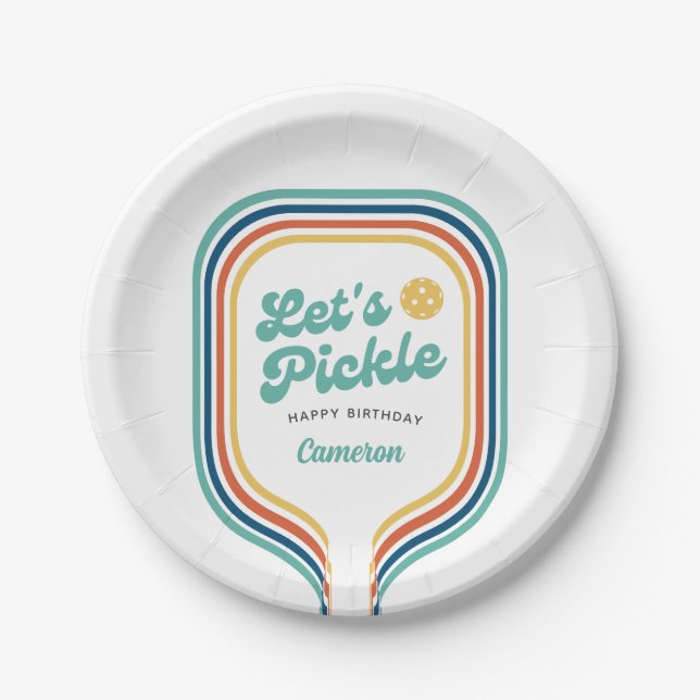Assiettes En Carton Pickleball Party Pickle Retro Rainbow Stripe (Devant)