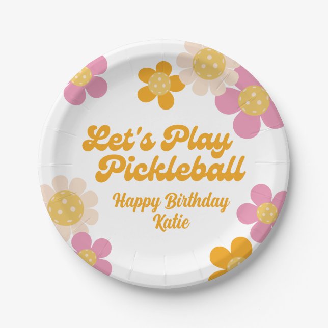 Assiettes En Carton Pickleball Party Super Retro Rose Orange Fleurs (Devant)
