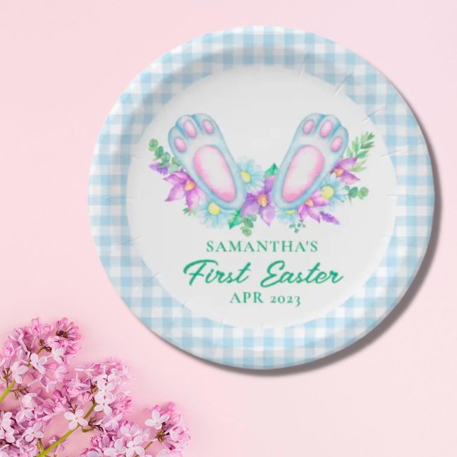 Assiettes En Carton Pied Plaid Bleu Personnalisé Mes premiers pieds Pâ (Créateur téléchargé)