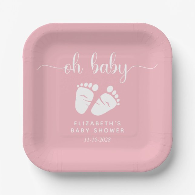 Assiettes En Carton Pieds roses bébé fille douche (Recto)