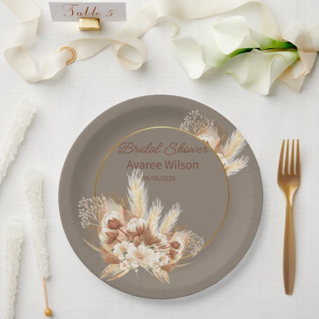 Assiettes En Carton Pierre Chaude Boho Pampas Douche en laiton (Mariage)