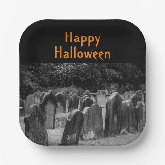Assiettes En Carton Pierre de cimetière d'Halloween (Recto)