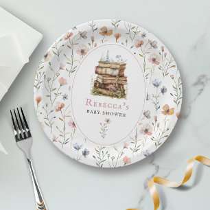 Assiettes En Carton Pile de livres baby shower aquarelle, fleur sauvag