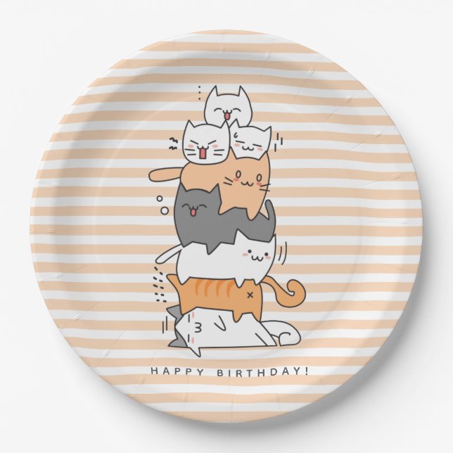Assiettes En Carton Pile mignonne de chats Joyeux anniversaire (Devant)