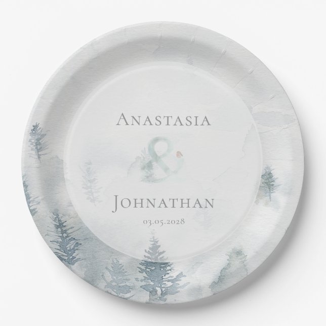 Assiettes En Carton Pin sylvestre de forêt aquarelle rustique  (Devant)