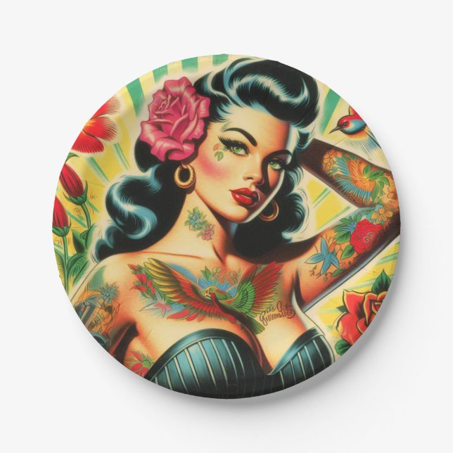 Assiettes En Carton Pinceau de tatouage rétro Old School (Devant)