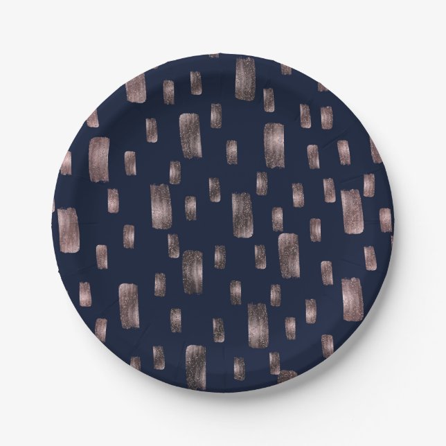 Assiettes En Carton Pinceau Moderne Rose Gold & Bleu Nuit Pailleté (Devant)