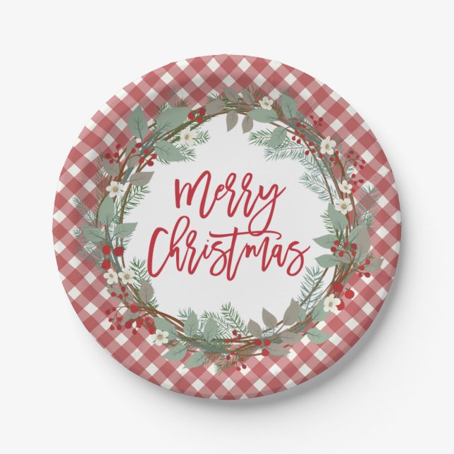 Assiettes En Carton Pine & Holly Rustic Farmhouse En vichy Noël (Devant)