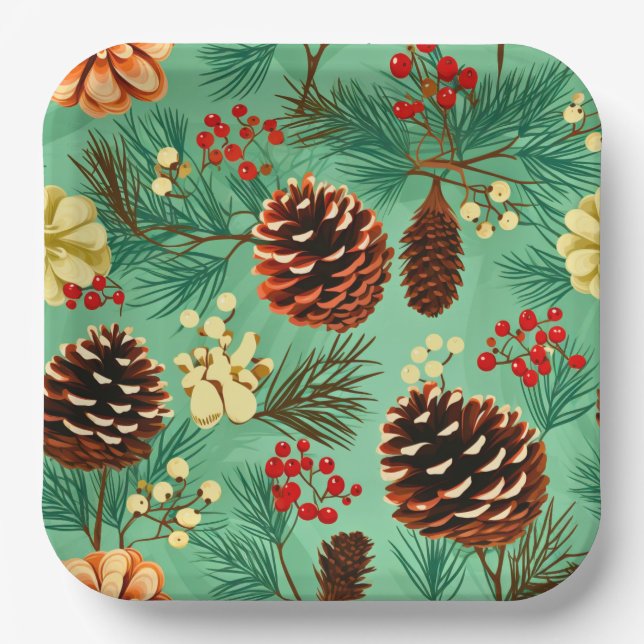 Assiettes En Carton Pine rétro cônes Noël Grand (Recto)
