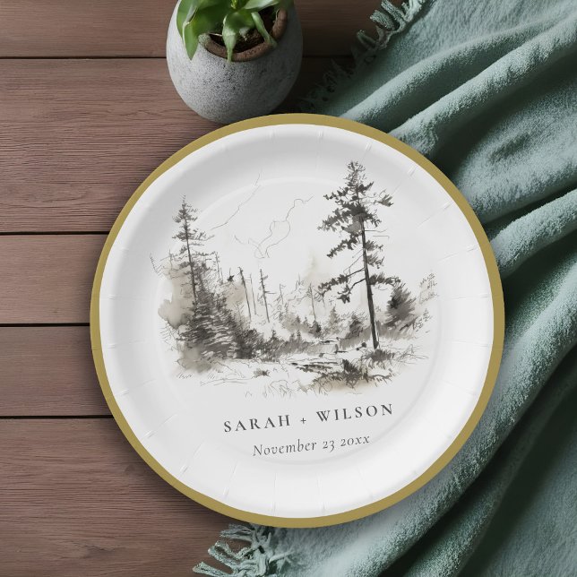 Assiettes En Carton Pine Woods Mountain Paysage Mariage de croquis (Créateur téléchargé)