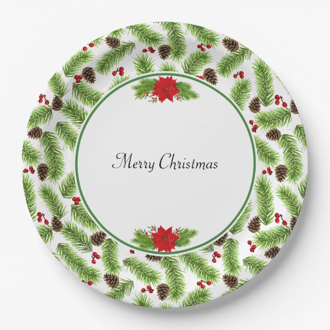Assiettes En Carton Pinecones de Noël et baies rouges (Devant)