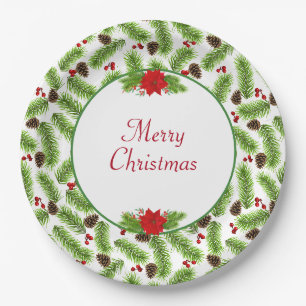 Assiettes En Carton Pinecones de Noël personnalisées et baies rouges