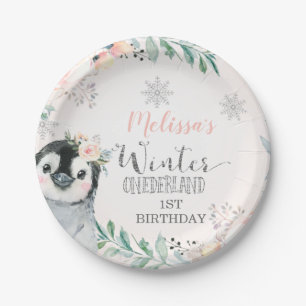 Assiettes En Carton Pingouin d'argent rose hiver Onederland Anniversai